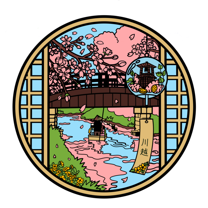 桜が舞う春の新河岸川を舟運しているイラスト