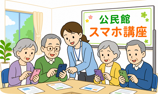 イラスト画像:講師が椅子に座る高齢者にスマートフォンの操作方法を解説する様子