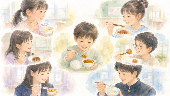 給食を食べる子どもたちのイラスト