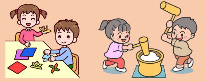 折り紙遊びと餅つきのイラスト