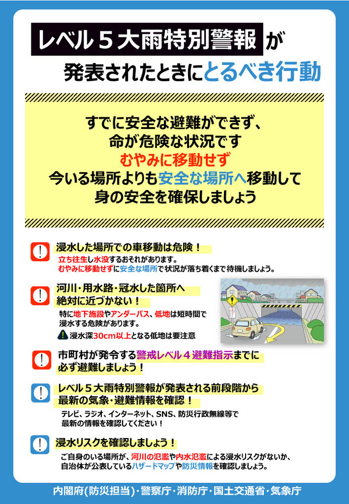 総務省消防庁作成の「レベル5大雨特別警報が発表されたときにとるべき行動」啓発チラシ。詳細は添付ファイルをご参照ください。