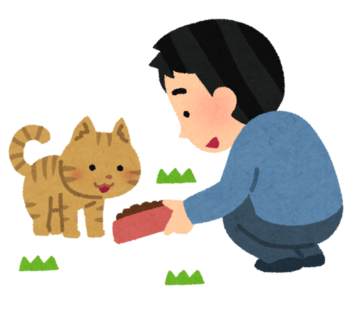 飼い主のいない猫に餌やりをする人のイラスト