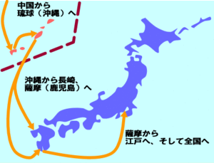 サツマイモの広まったルートを日本地図で説明