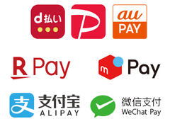 d払い、Pay Pay、au PAY、楽天Pay、メルペイ、Alipay、WeChatPayのマークの画像